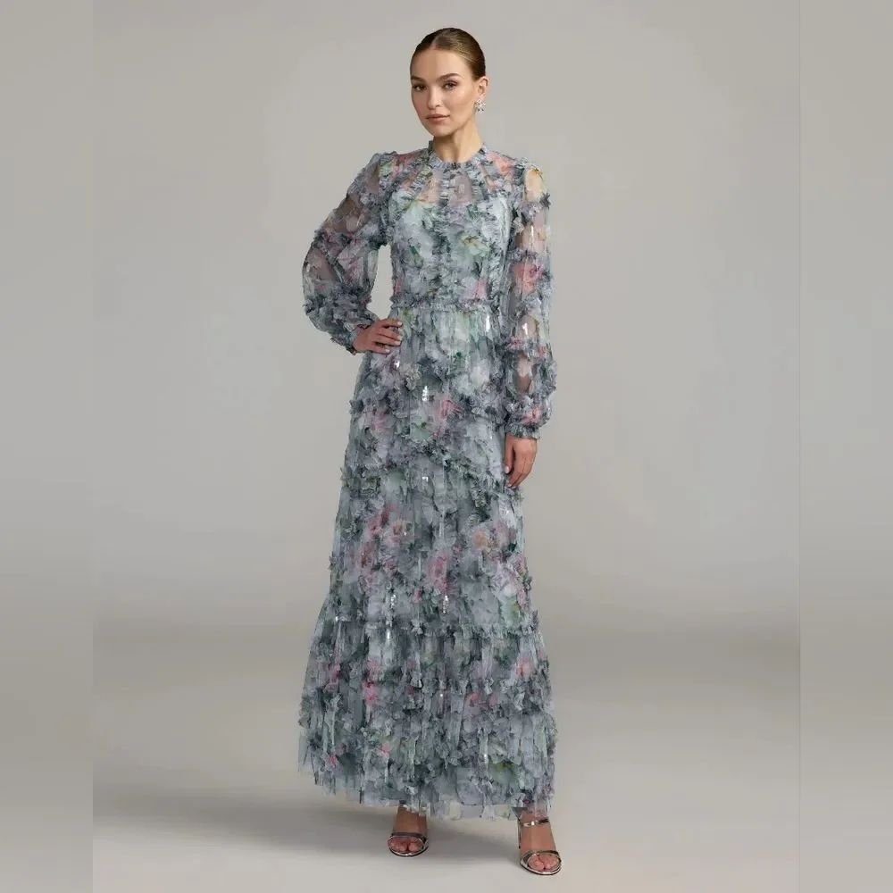 MAC DUGGAL 8098 Blue Floral Long Sleeve High Neck Ruffle Midi Dress